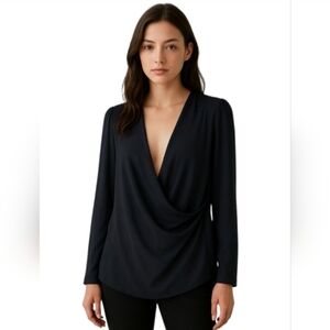 Vanessa Bruno solid black silk long sleeve cross drapey faux wrap blouse top